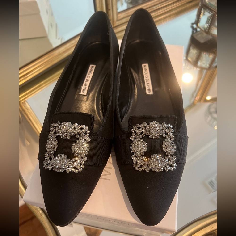 Manolo Blahnik MARRIA Black Crepe de Chine Embellished Flats- Size 39.5